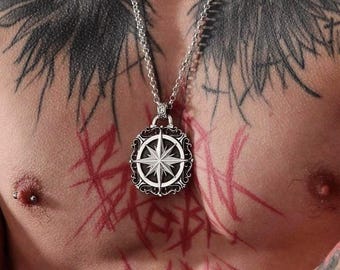 Sterling Silver North Star Compass Necklace – Nautical Statement Jewelry for Men