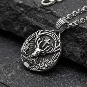 St. Hubertus Sterling Silver Pendant Necklace - Religious Statement Jewelry