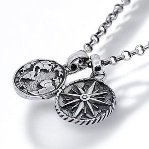 Collier boussole et carte du monde en argent sterling - Pendentif fait main inspiré du voyage pour homme et femme - Cadeau bijoux explorateur nautique