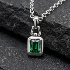 Emerald Gemstone & Sterling Silver Pendant Necklace - Unique Men's Birthstone Jewelry