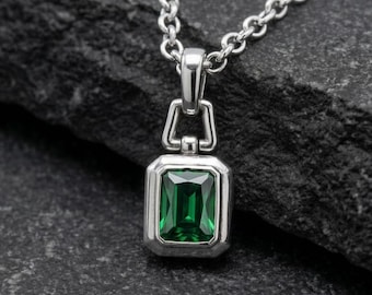 Emerald Gemstone & Sterling Silver Pendant Necklace - Unique Men's Birthstone Jewelry
