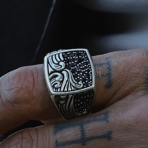 Handmade Sterling Silver Ocean Wave Ring - Nautical Signet with Night Sky