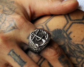 Solid 925 Sterling Silver Sailor's Anchor Men's Ring - 14.5 Size, Turkish Made