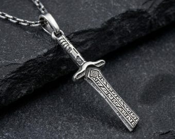 Men's Medieval Sterling Silver Sword Pendant Necklace - Gothic Knight Talisman