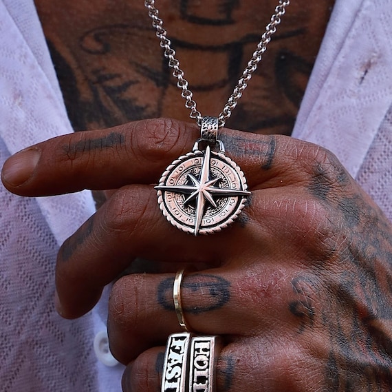 Sterling Silver Nautical Compass Pendant Necklace: Ocean Inspired Jewelry for Men