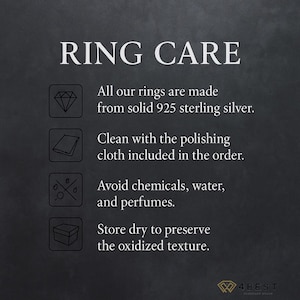 Avoid contact with harsh chemicals such as perfume, lotion, bleach, or cleaning agents.

Remove your ring before showering, swimming, or washing hands — water and humidity can dull the oxidized surface and weaken natural gemstones like turquoise.

Clean gently using a soft silver polishing cloth to maintain its shine. Avoid liquid silver cleaners; they can strip away the oxidized finish.

Store your ring in a dry, airtight jewelry box or pouch when not in use to prevent tarnishing.