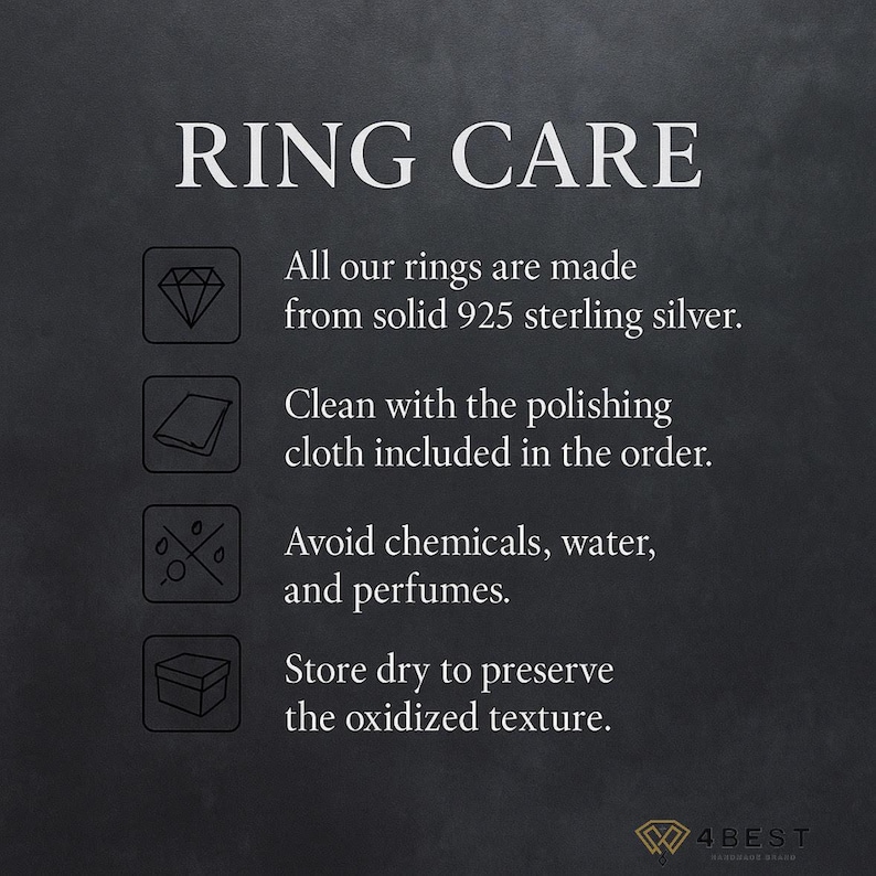 Avoid contact with harsh chemicals such as perfume, lotion, bleach, or cleaning agents.

Remove your ring before showering, swimming, or washing hands — water and humidity can dull the oxidized surface and weaken natural gemstones like turquoise.

Clean gently using a soft silver polishing cloth to maintain its shine. Avoid liquid silver cleaners; they can strip away the oxidized finish.

Store your ring in a dry, airtight jewelry box or pouch when not in use to prevent tarnishing.