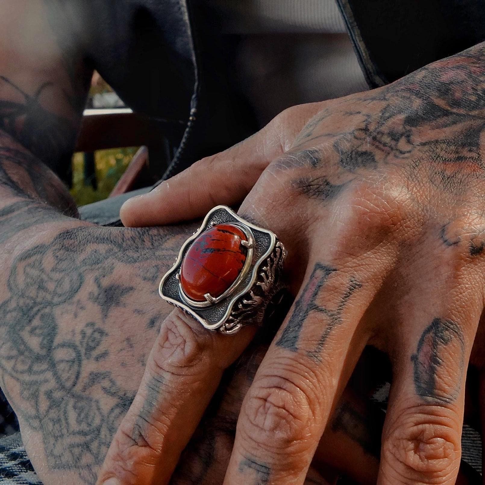 Red Jasper Yggdrasil Compass Ring – Viking Tree of Life Sterling Silver Ring for Men, Norse Mythology Jewelry
