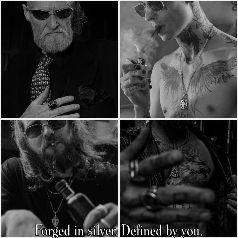 K&ouml;nnte beinhalten: Eine Schwarz-Wei&szlig;-Collage mit vier Bildern von Personen, die Schmuck tragen. Die Bilder zeigen Halsketten, Ringe und Sonnenbrillen. Der Text "Forged in silver. Defined by you." befindet sich am unteren Rand des Bildes.