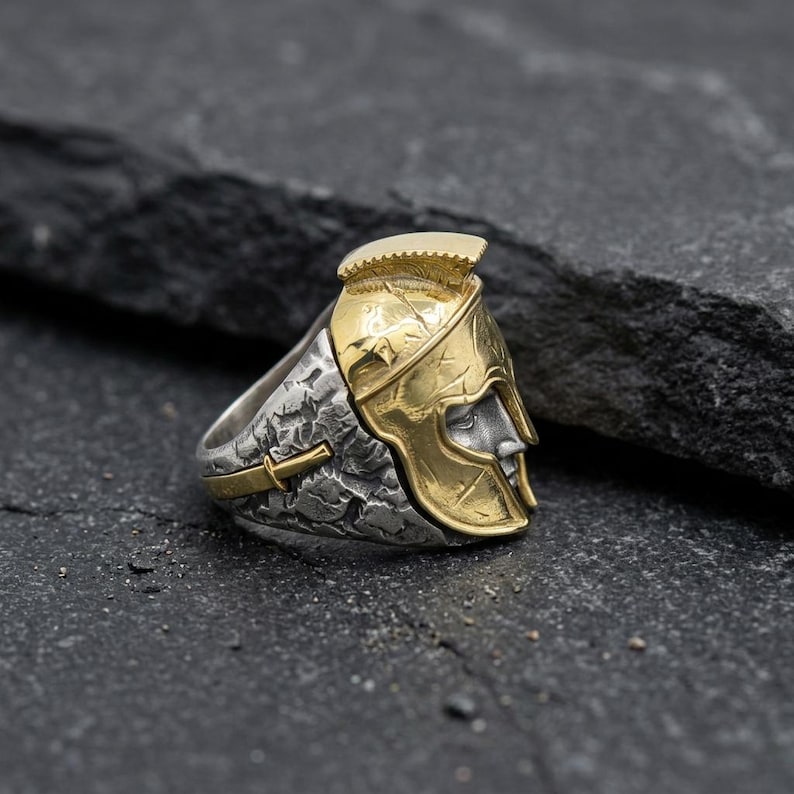 Gold plated spartan ring sterling silver warrior helmet ring handcrafted bold masculine jewelry for men