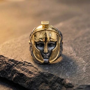 Spartan helmet ring 925 silver 14K gold plated ancient warrior ring statement jewelry for history lovers