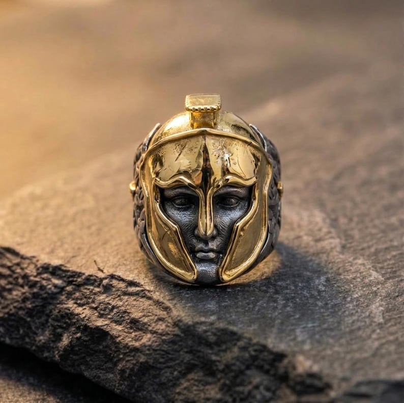 Spartan helmet ring 925 silver 14K gold plated ancient warrior ring statement jewelry for history lovers