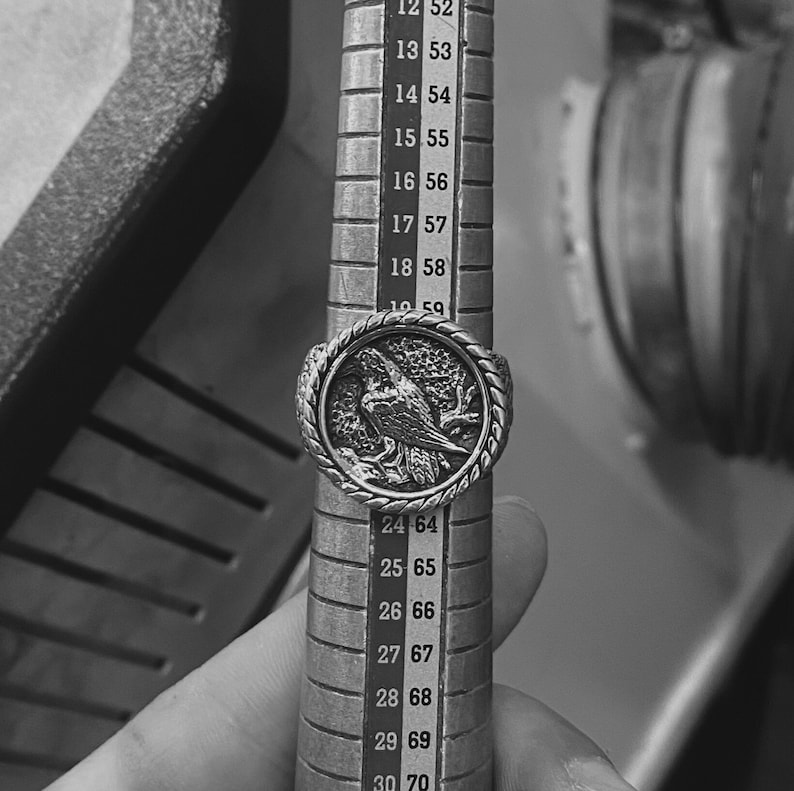 This Viking-inspired raven ring symbolizes foresight, battle wisdom, and spiritual connection, crafted from durable silver and featuring fine handcrafted detailing. Ideal for Norse mythology enthusiasts and men looking for meaningful statement rings.