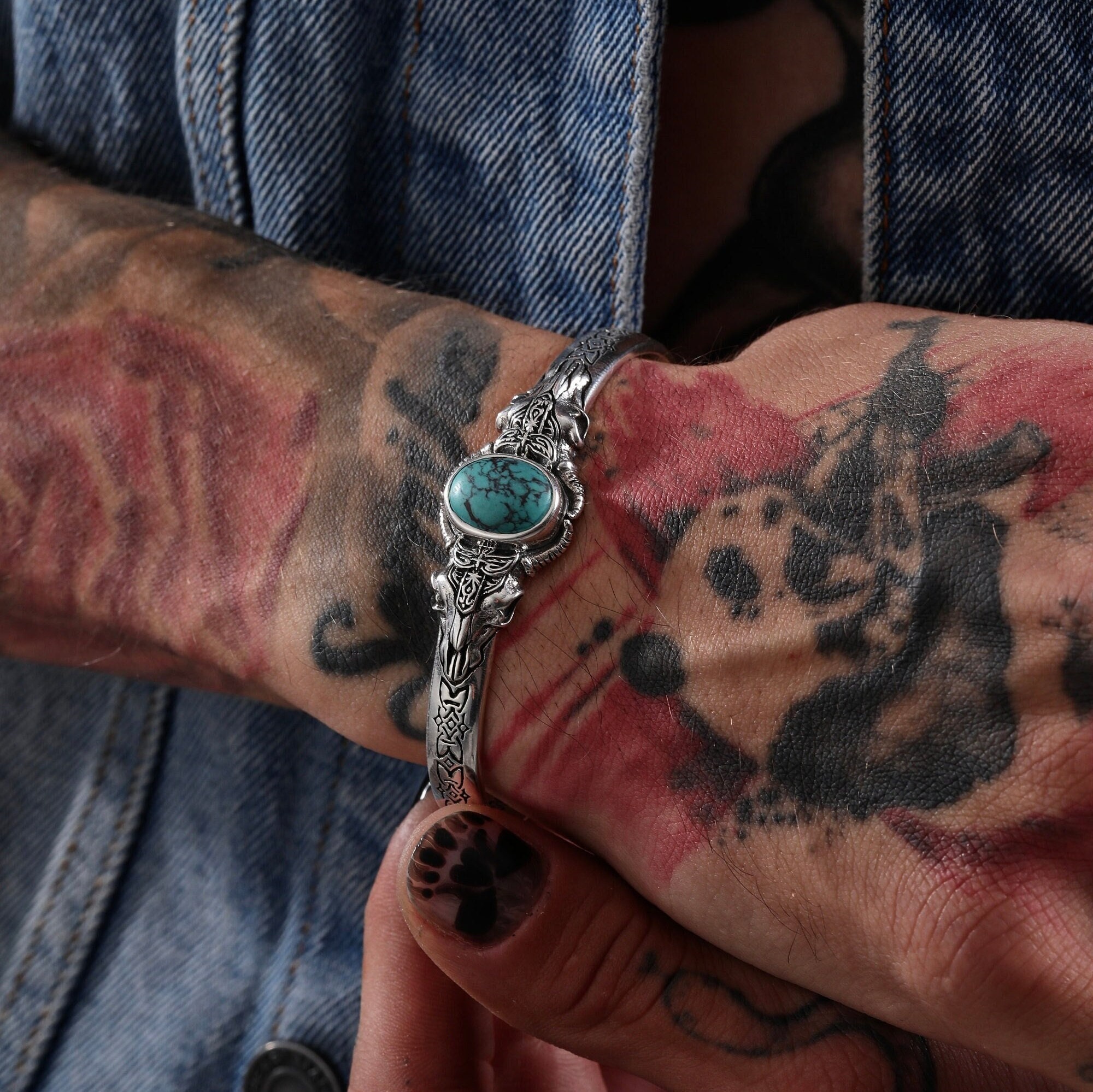 Mens Turquoise Silver Cuff Bracelet - Southwest Inspired Design - Unique Gift Idea