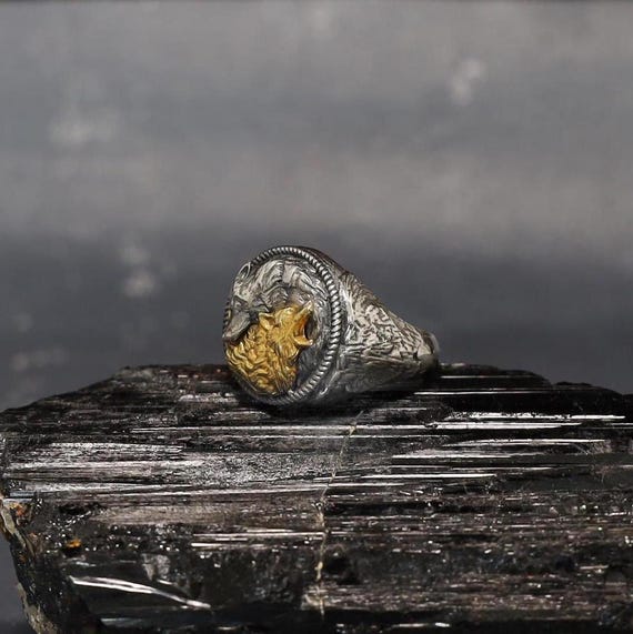 14k Solid Gold Wolf Yin Yang Ring for Men: Handcrafted Sterling
