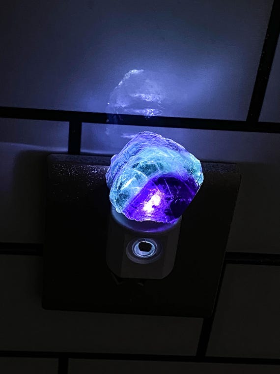 Natural Fluorite Raw Stone LED Night Light With Light Sensor | Baby Shower Gift | Nursery Night Lamp (120V US/Canada Plug)  | Crystal Gift