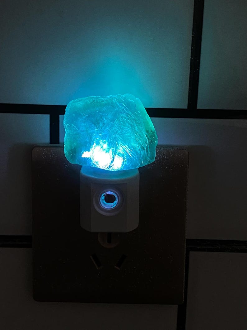 Natural Fluorite Raw Stone LED Night Light With Light Sensor | Baby Shower Gift | Nursery Night Lamp (120V US/Canada Plug) | Crystal Gift image 9