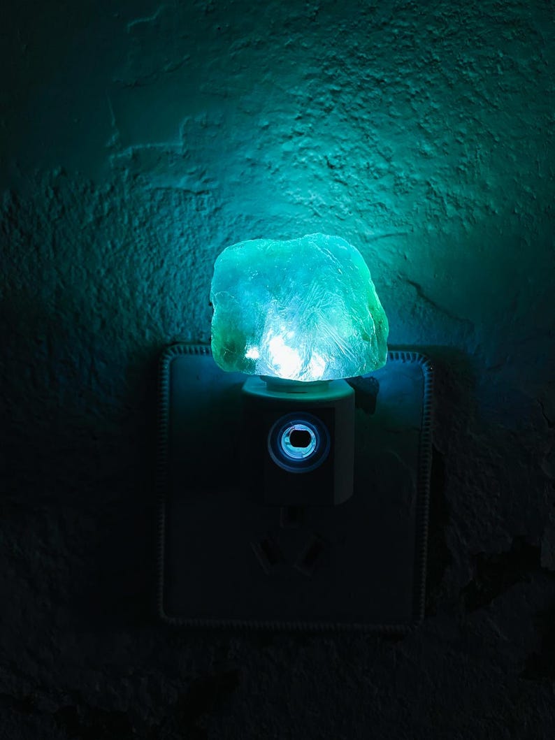 Natural Fluorite Raw Stone LED Night Light With Light Sensor | Baby Shower Gift | Nursery Night Lamp (120V US/Canada Plug) | Crystal Gift Green