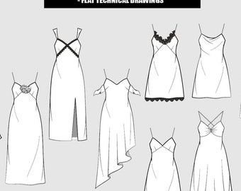 Vestido lencero corto/midi con encaje y drapeado para mujer, ilustración con dibujos técnicos planos editables (10 estilos en bocetos vectoriales en blanco y negro)