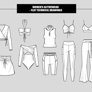 Women Activewear Yoga Fitness Outfits Bra Collection Editable Flat Technical Drawings Illustration (Total 10 Styles in B/W Vector Sketches)