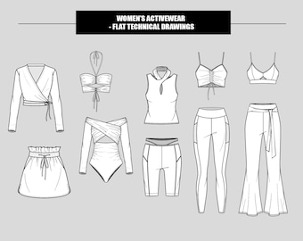 May include: A set of technical drawings for women's activewear clothing, including a long-sleeved wrap top, a halter top, a sleeveless tank top, a one-piece swimsuit, a pair of shorts, a pair of leggings, and a pair of wide-leg pants.