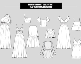 Ilustración de dibujos técnicos planos de vestidos, faldas, tops cortos y monos de moda para mujer (10 estilos en bocetos vectoriales en blanco y negro).