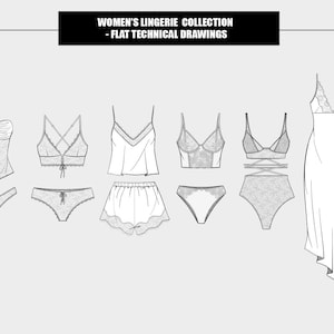 May include: A collection of flat technical drawings of women's lingerie. The image shows a range of lingerie items, such as a corset, bras, briefs, shorts, and a slip dress. The designs are presented in a simple line-art style, highlighting the shapes and details.