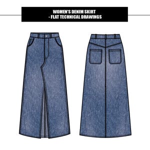 Op de afbeelding: Technische tekening van een spijkerbroekrok. De rok heeft een lichtblauwe wassing met een split aan de voorkant en twee achterzakken. De taille heeft een knoop- en ritssluiting. De tekst bovenaan luidt "WOMEN'S DENIM SKIRT - FLAT TECHNICAL DRAWINGS."