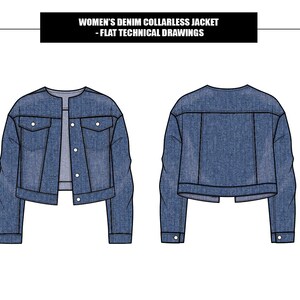 Op de afbeelding: Technische tekening van een blauwe denim jas zonder kraag. De jas heeft een ronde halslijn, knoopsluitingen en twee voorzakken. De tekening toont zowel de voor- als achterkant van de jas.