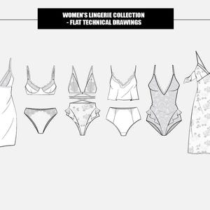 Mode femme lacets lingerie soutien-gorge culotte robe sans lacets illustration modifiable de dessins techniques plats (6 styles au total dans des croquis vectoriels noir et blanc)