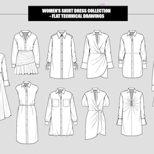 Women Fashion Tailored Drapery Shirt Dress One Piece Flat Technical Drawings Illustration (Total 10 Styles in B/W Vector Sketches)