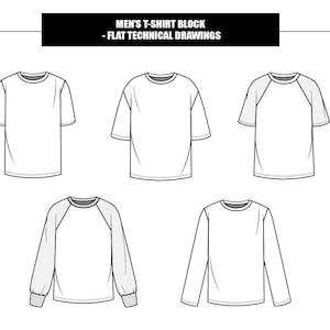 5 Men Short Sleeves & Raglan Baseball Long Sleeves T-shirt Oversized Boxy Tee Top Block Flat Technical Drawings Illustration (in B/W Vector)