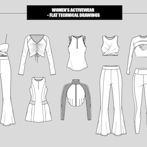 Women Activewear Yoga Fitness Outfits Collection Editable Flat Technical Drawings Illustration (Total 10 Styles in B/W Vector Sketches)
