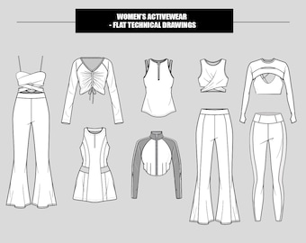 Colección de conjuntos de ropa deportiva para mujer, yoga y fitness. Ilustraciones técnicas planas editables (10 estilos en bocetos vectoriales en blanco y negro).