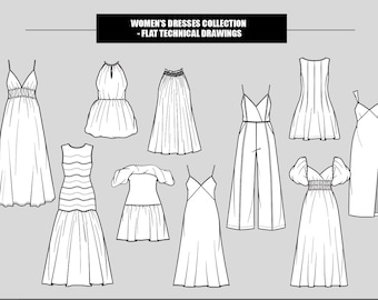 Vestido largo tipo bustier para mujer, estilo resort, lencero, con dibujos técnicos planos editables (10 estilos en bocetos vectoriales en blanco y negro)