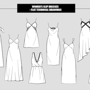 May include: Flat technical drawings of various slip dresses. The image features eight different dress designs, each with a unique neckline and silhouette. The dresses are rendered in a simple black and white style, with spaghetti straps and asymmetrical hems.