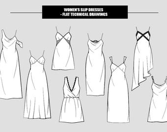 Vestido lencero corto/midi con encaje y drapeado para mujer, ilustración con dibujos técnicos planos editables (8 estilos en total en bocetos vectoriales en blanco y negro)