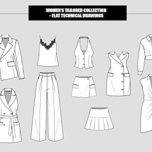 Può includere: Un'illustrazione tecnica di una collezione di abbigliamento sartoriale per donna. L'illustrazione comprende un blazer, un gilet, un abito, una gonna, pantaloni e una blusa.
