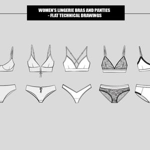Women Lingerie Loungewear Lace Bra Top Panties Matching Set Flat Technical Drawings Illustration (Total 5 Sets in B/W Vector Sketches)