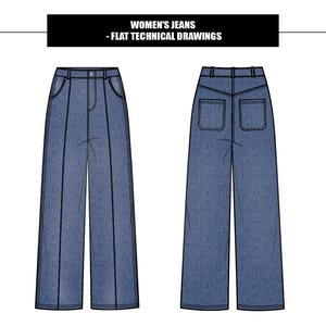 Op de afbeelding: Platte technische tekeningen van een blauwe jeans. De voorkant toont een jeans met wijde pijpen, voorzakken en een knoopsluiting. De achterkant toont de achterzakken. De tekst "WOMEN'S JEANS - FLAT TECHNICAL DRAWINGS" staat bovenaan.