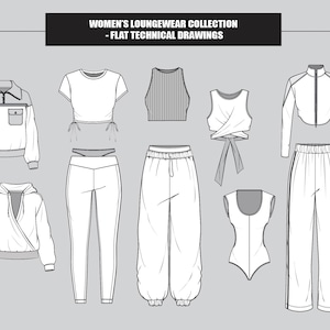 Women Loungewear Altheisure Activewear Collection Editable Flat Technical Drawings Illustration (Total 10 Styles in B/W Vector Sketches)
