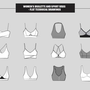 Mulheres íntimas Bralette Top e sutiã esportivo ativo Desenhos técnicos planos editáveis Ilustração (Total de 12 estilos em esboços vetoriais P/B)