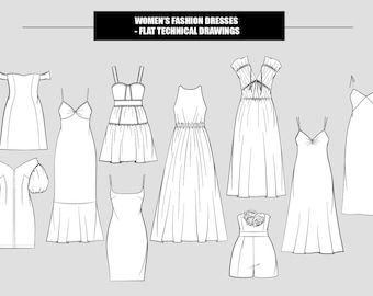 Vestido largo con espalda descubierta para mujer, vestido lencero con bustier, ilustración con dibujos técnicos planos editables (10 estilos en bocetos vectoriales en blanco y negro)