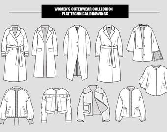 Women Fashion Outerwear Bomber Jacket Topcoat Coat Wrap Cape Flat Technical Drawings Illustration (Total 10 Styles in B/W Vector Sketches)