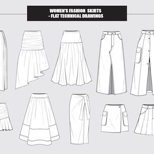 Peut inclure: Dessins au trait de dix styles de jupes différents. Les jupes sont toutes représentées dans un style de dessin technique plat. Les jupes comprennent des styles trapèze, crayon, portefeuille et à étages.