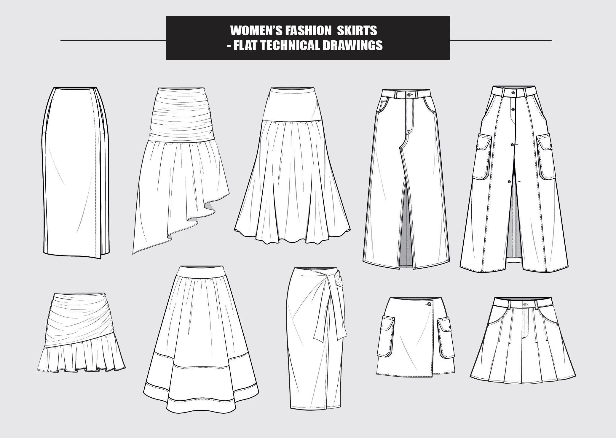 HOT Gathered Skirt Flat Sketch Layered Skirt Drawing Skirt Flat