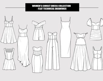 Women Fashion Corset Bustier Slip Dress Jumpsuit Editable Flat Technical Drawings Illustration (Total 10 Styles in B/W Vector Sketches)