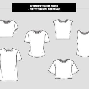 May include: A collection of white t-shirt designs presented as technical drawings. Styles include short-sleeved, sleeveless, and cropped tops. The image is set against a grey background and includes the text "WOMEN'S T-SHIRT BLOCK - FLAT TECHNICAL DRAWINGS".