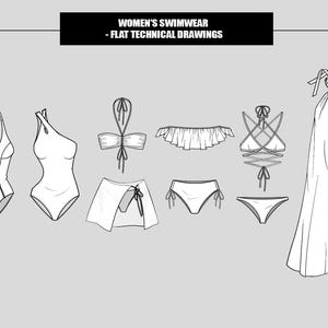 以下が含まれることがあります： 女性用水着の技術図面セット。ワンピース水着、ビキニトップとボトム、サロング、カバーアップが含まれています。