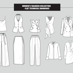 女性ファッション テーラード ビスチェ ブレザー パンツ スカート シャツ ドレス フラット テクニカル ドローイング イラスト (合計 10 スタイルの白黒ベクター スケッチ)